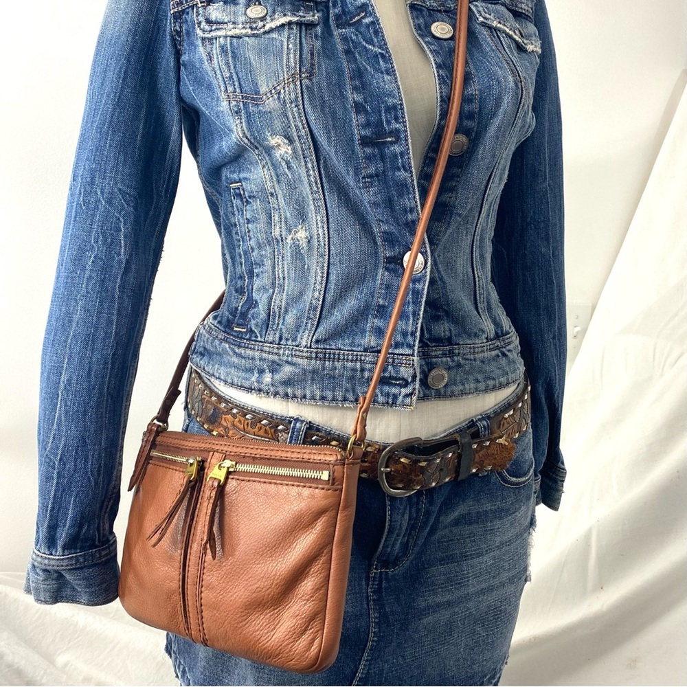 Vintage Fossil Erin Cognac Caramel Brown Pebbled Leather Top Zip Crossbody Bag - Picture 16 of 16